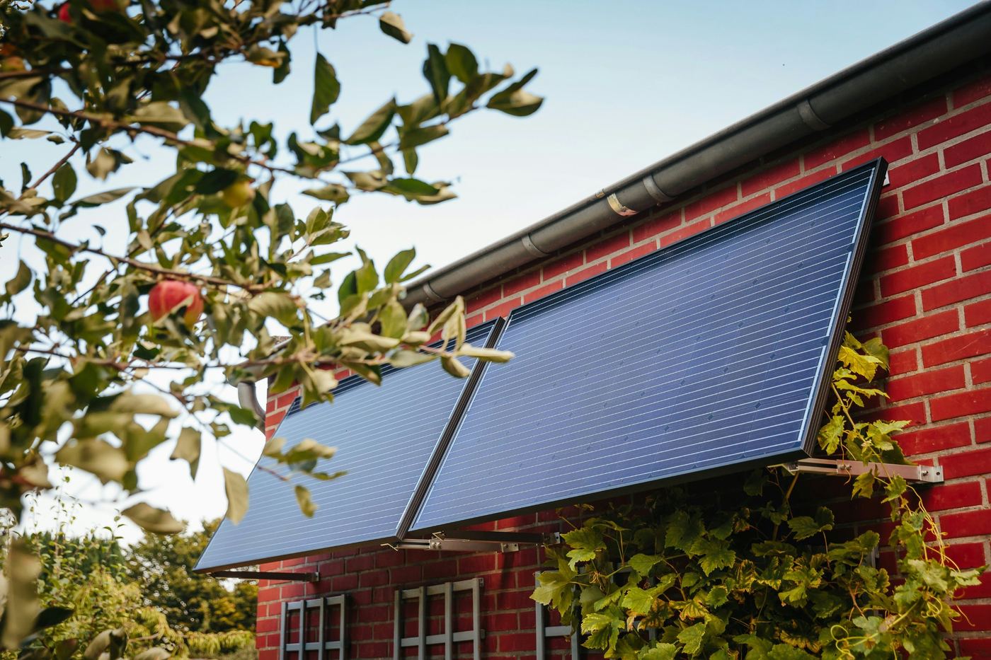 Paneles solares fijados a una pared de ladrillo
